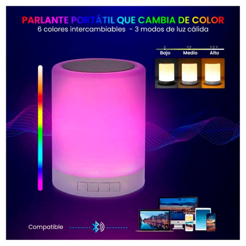 Lampara tactil y parlante con luz Led de colores variados